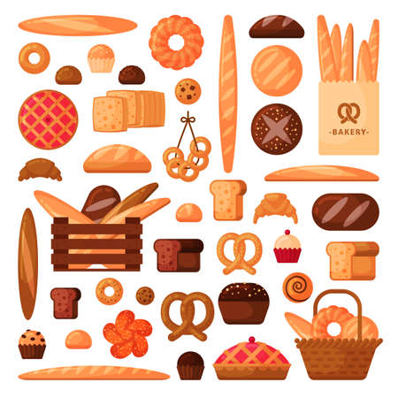 Fresh bread and pastries in flat style.のイラスト素材