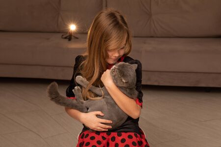 Little girl with long hair smiles hugs catの写真素材