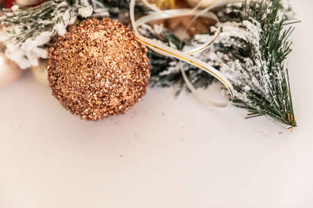 Christmas. New Year's jewelry. Christmas tree balls. gold color. Copy Spaceの写真素材