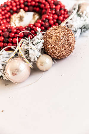 Christmas wreath on white background. red wreath circle of berries. Copy Spaceの写真素材