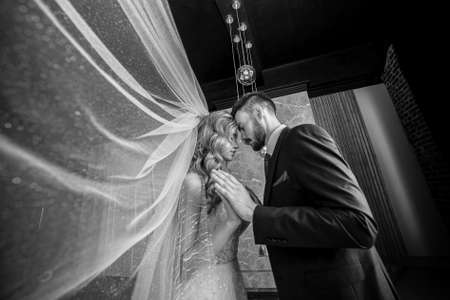 beautiful wedding couple. bride with a long white veil and in a wedding dress. groom in a stylish suit. dark interiorの写真素材