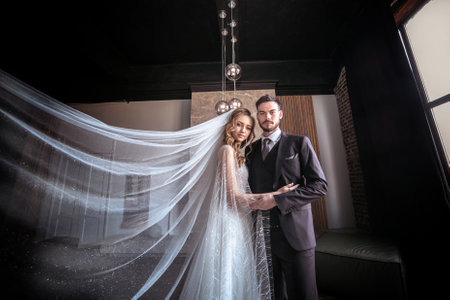 beautiful wedding couple. bride with a long white veil and in a wedding dress. groom in a stylish suit. dark interiorの写真素材