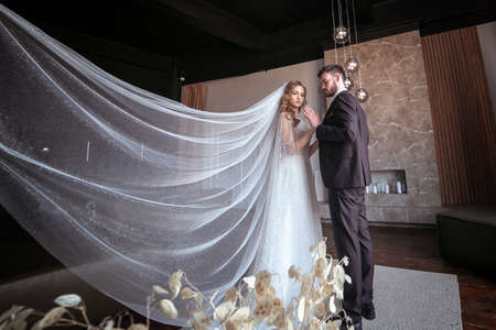 beautiful wedding couple. bride with a long white veil and in a wedding dress. groom in a stylish suit. dark interiorの写真素材