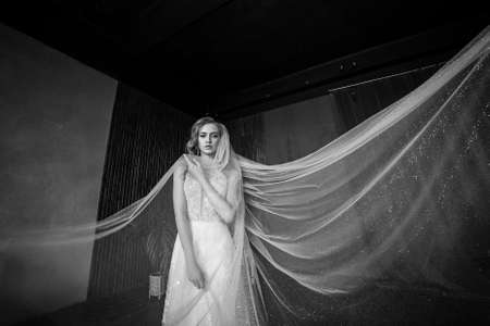 a lot of veil. bride in fancy dress. wedding dress with long arms. dark interiorの写真素材