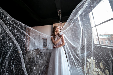a lot of veil. bride in fancy dress. wedding dress with long arms. dark interiorの写真素材
