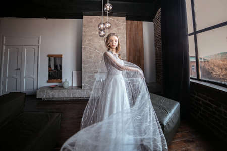 a lot of veil. bride in fancy dress. wedding dress with long arms. dark interiorの写真素材