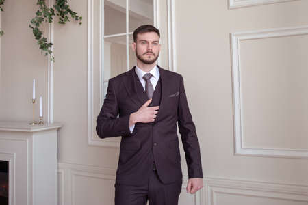 beautiful young man with a beard brunette model. guy in a classic suit in a light stylish interior. groomの写真素材
