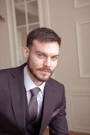 beautiful young man with a beard brunette model. guy in a classic suit in a light stylish interior. groom. portraitの写真素材