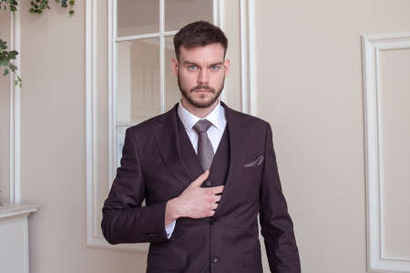 beautiful young man with a beard brunette model. guy in a classic suit in a light stylish interior. groom. portraitの写真素材