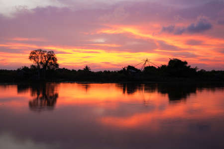 Silhouette of forest near the river under sunset.の写真素材