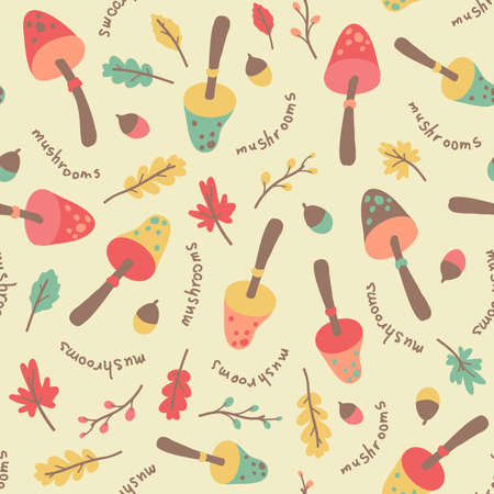 Amazing cute seamless vintage colorful mushroom leaves patternのイラスト素材