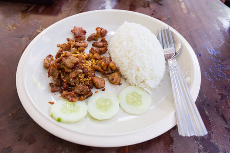 Fried pork with garlic and pepper and rice, Thai foodの写真素材