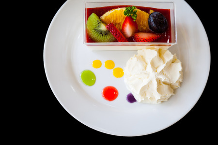 fruit strawberry cream cake on the table, selective focusの写真素材