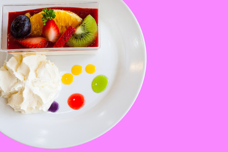 fruit strawberry cream cake on the table, selective focusの写真素材