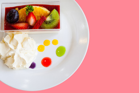 fruit strawberry cream cake on the table, selective focusの写真素材