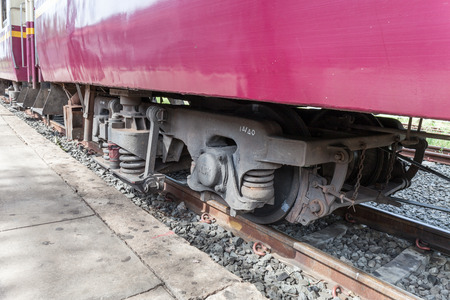 closeup wheel break and suspension system of diesel trainの写真素材