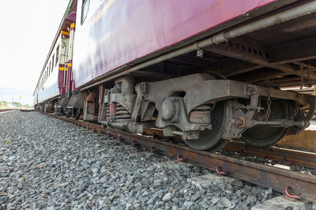 closeup wheel break and suspension system of diesel train