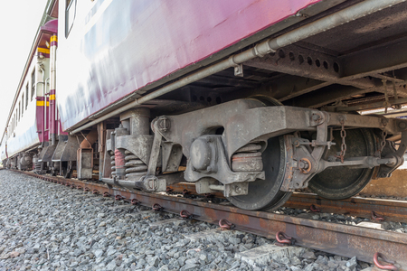 closeup wheel break and suspension system of diesel trainの写真素材