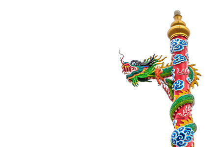 Chinese Dragon Wrapped around red pole on White backgroundの写真素材