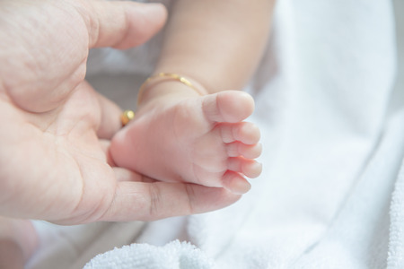Baby feet on father hand, Loveの写真素材