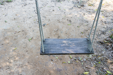 Old wooden tree swing with dry leaf backgroundの写真素材