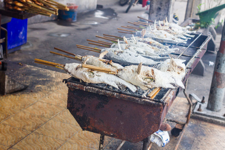salted grill snakehead fish with herbs foodの写真素材