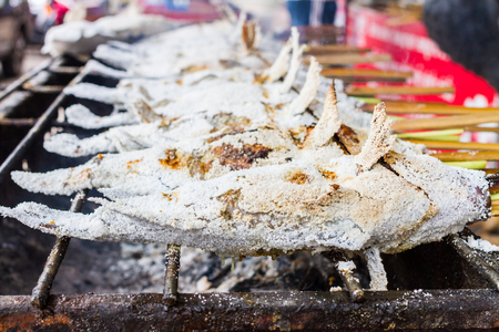 salted grill snakehead fish with herbs foodの写真素材
