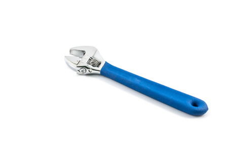 Silver Metal Monkey Wrench with blue handle on white Backgroundの写真素材