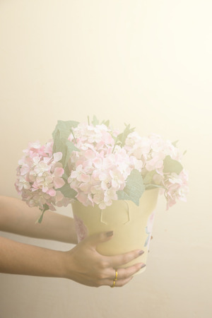 Hand hold buckets of fabric pink flowers on beige backgroundの写真素材