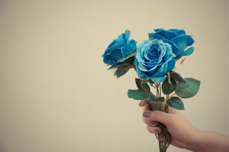 Hand holding blue fabric roses on brown backgroundの写真素材