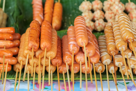Meat ball sausage and crab kani famous and poppular street food in Thailandの写真素材