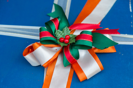colorful ribbon on the gift box backgroundの写真素材