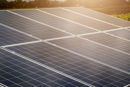 Solar Cell  for clean Energy with sky and mountain background