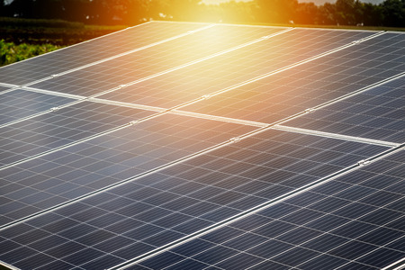 Solar Cell  for clean Energy with sky and mountain backgroundの写真素材