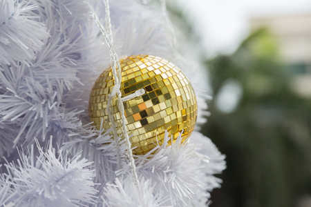 Golden Ball on White Christmas Tree backgroundの写真素材