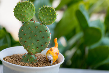 Opuntia microdasys cactus in diy concrete pot with Mini Cute little cat animal Models Plastic natural backgroundの写真素材