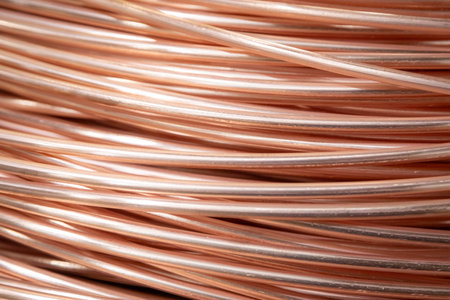 Close-up of coiled copper wires with a shiny surface, intricate overlapping pattern, warm lighting.の写真素材
