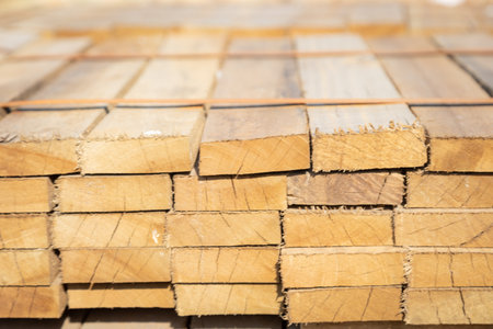 Stacked wooden planks in a lumberyard, various shades and textures, neatly arranged.の写真素材