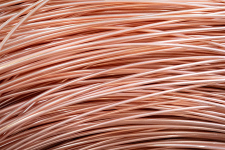 Close-up of coiled copper wires with a shiny surface, intricate overlapping pattern, warm lighting.の写真素材