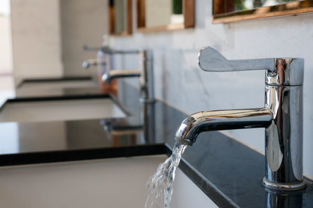 sleek chrome faucet installed on a polished black marble counter, with a blurred white marble...