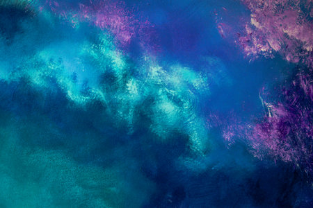 Abstract brush stroke painting featuring a blend of blue, purple, and green hues with a textured appearance.の写真素材