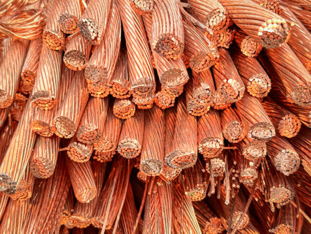 Close-up shot of frayed copper wires displaying strands and oxidation.の写真素材