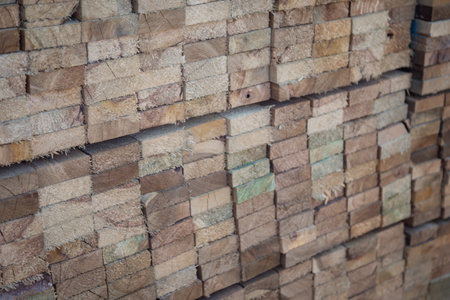 Stacked wooden planks in a lumberyard, various shades and textures, neatly arranged.の写真素材