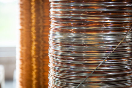 Close-up shot of stacked metallic wire coils showcasing their intricate patterns and reflective surfaces. The image captures the interplay of light and shadow on the tightly wound wires, emphasizing the precision and craftsmanship in industrial material production.の写真素材