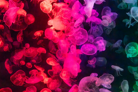 mesmerizing underwater scene featuring a large group of glowing colourful jellyfish illuminated by vibrant blue and green neon lights.の写真素材