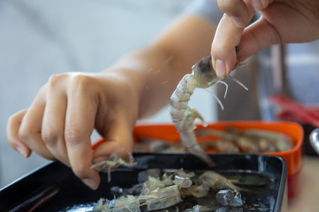 close-up shot of hands carefully preparing fresh shrimp. The focus is on the delicate handling of the crustaceans, showcasing their natural beauty and texture.の写真素材