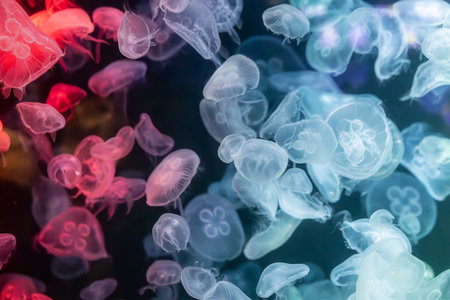 mesmerizing underwater scene featuring a large group of glowing colourful jellyfish illuminated by vibrant blue and green neon lights.の写真素材
