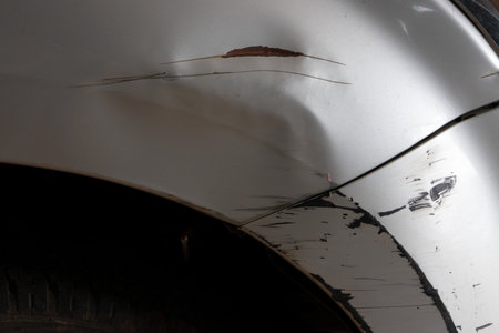 damage to the front fender and bumper of a silver car. Visible are dents, scratches, and paint...