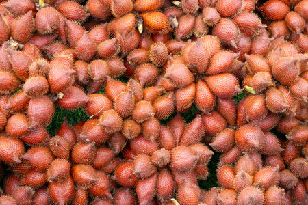 pile of Salacca fruits, also known as snake fruit, showcasing their unique reddish-brown, scaly skin and thorny appearance. The fruits are clustered together, highlighting their tropical origin.の写真素材