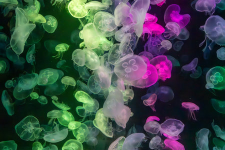 mesmerizing underwater scene featuring a large group of glowing colourful jellyfish illuminated by...